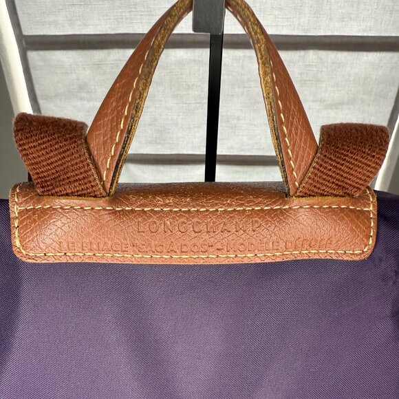 Longchamp Le Pliage Original Foldable Backpack - Purple Nylon & Brown Leather - Picture 3 of 14
